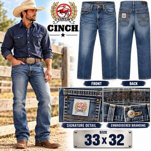 Cinch Men's Jeans 33x32 Blue Denim Straight Leg Western Cowboy Stretch